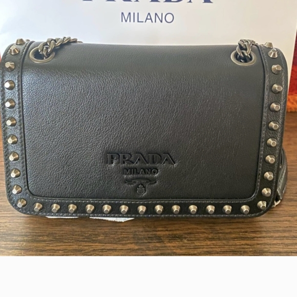 PRADA Glace Calfskin Studded Crossbody in Black - Picture 2 of 8
